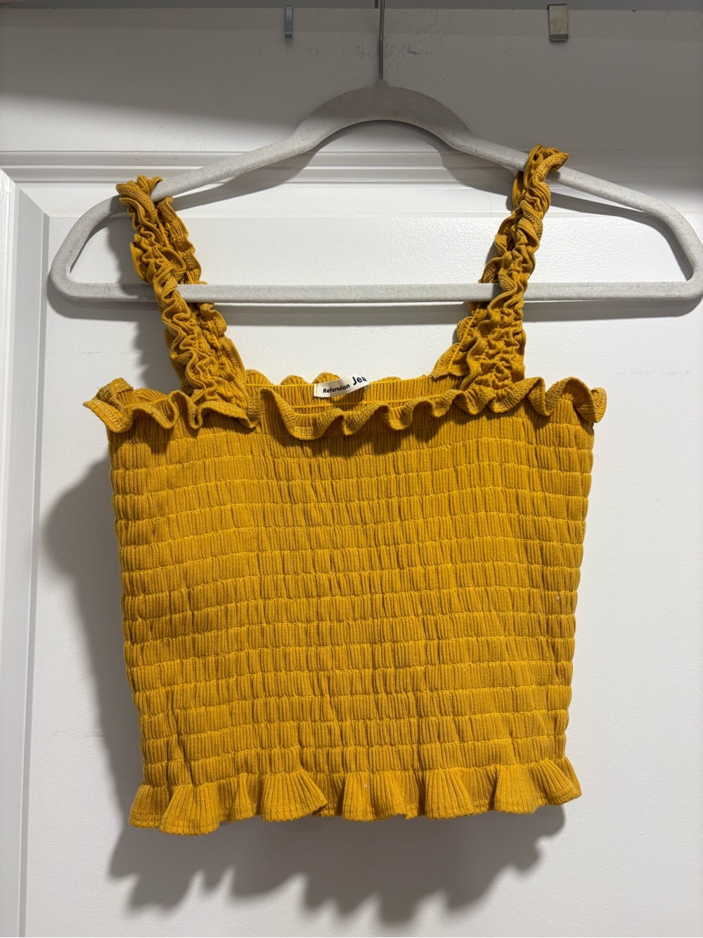 Reformation Smocked Ruffle Crop Top - Mustard - Picture 2 of 4